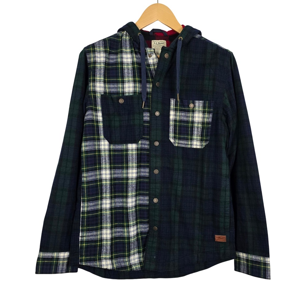 NWT L.L. Bean Men's Scotch Plaid Patchwork Hooded Flannel Shirt Jacket Green S